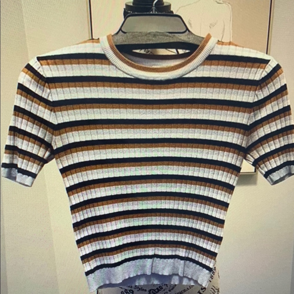 Striped Ribbed Knit Top - Black, White, Brown